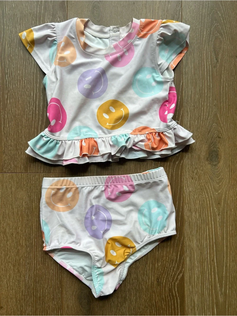 Kids Smile Print Ruffle Two-Piece Swim Set - Multicolor